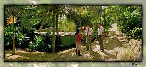 Elder Rodrigez and Elder Vali talking to Joey the farm near Benson's in Saipan
Del Benson
06 Dec 2003