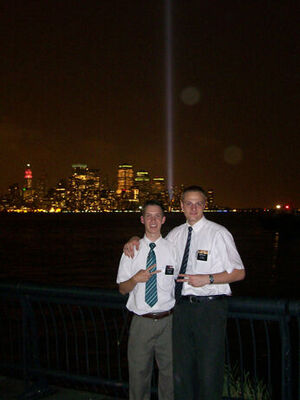 Elder Jared Flack and Elder Alan on Sept 11th with lights from where the World Trade Centers were.
Kathy Larsen
30 Dec 2007
