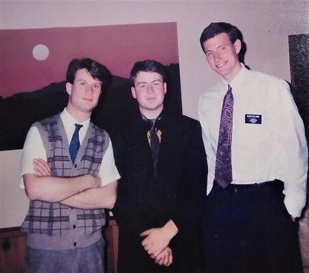 This pic looks like a scene right out of an 80's John Hughes movie.  (l to r) Elder Koenigs, Brad, who is about to leave on his mission and Elder Williams. Late 1990/early 1991. Gresham OR
Ryan  Koenigs
26 Dec 2022