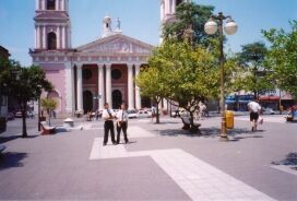 Here's my companion and I standing in the plaza independencia in front of the iglesia catedral, which as you can see, is rather pink. Yes, pink. In the top triangle, Moses is carved out receiving the ten commandments. Of all the cathedrals in the mission, this one is not my favorite.
David  Sallay
24 May 2004