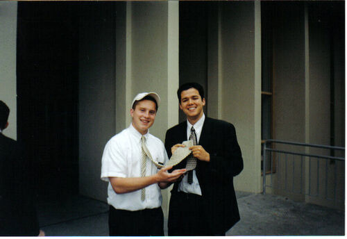 I wanted to offer everyone proof that me and Stuk were only jesting the past few days.  See, here we are giving each other the highest compliment a missionary could receive: Nice tie!
Patrick Dale Whipple
23 Jan 2005