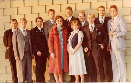 The last of the L.A. Elders Go Home Back Row; Baker, Valguardson, Bobo, Hillyard, Miller, Jones, Willis & Hulse. Front Row; Sister Hebdon?, Sister Barrett, Elder Tisor. Ventura County Airport 6-4-1980 flying out to LAX. Elders Cox and Parker left separately.
Grant  Bobo
19 Apr 2003