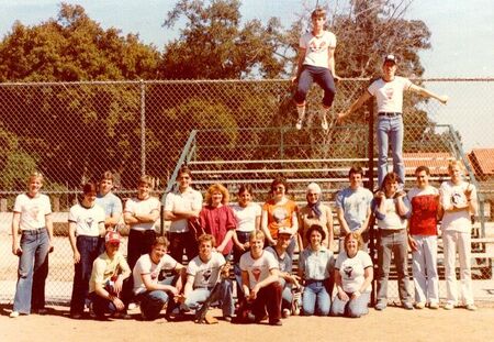 Zone 3 Softball at Chatsworth Park, April 1980.
Front row kneeling l-r; Elders Duke, Murdock, Avery, Shetell, Platten, Sisters Pugh and Barrett.
Second Row standing, l-r; Elders Rawson, Martin, Caldwell, Height, Robbins, Sisters Jeppson, Westenhaver, Hepdon, Nelson, Elders Howell, Jensen, McDaniel and Taylor.
Raising above the rest; Elder Taylor on top of the fence, Elder Jones on Jensens shoulders.
Grant  Bobo
19 Apr 2003