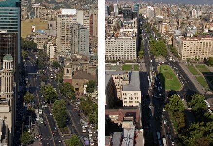 In the picture on the left the San Francisco Church (red church) is visible (Cerro Santa Lucia is on the left two blocks farther down the street, but not visible in this picture); on the right the grounds of the Moneda Palace are visible.
Gary V. Davis
21 Sep 2011