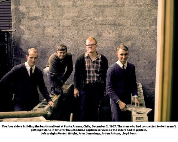 The man who had contracted to build the font wasn't getting it done in time for a scheduled baptism so the elders had to pitch in.  Left to right:  Vestell Wright, John Cummings, Arden Ashton, Lloyd Fenn.
Greg J. Melven
04 Oct 2011