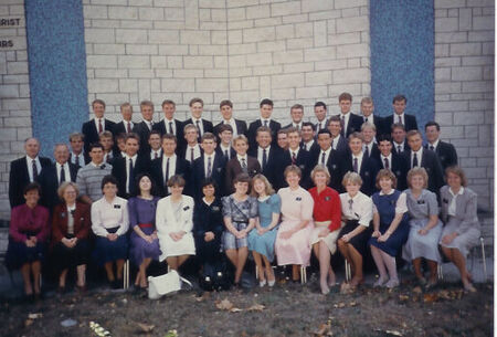 Talence Conference  27 September 1985.  Seated (L-R).  Sisters Irene Fife, Snow, ?, ?,  Yoder, Diaz Sazo, West, Stewart, ?, Evans, ?, Rasband, Dobson, Spencer.  Second Row (L-R):  President James D. Fife, Elder Hans Ringger, Elders Arce, Broom, Hatfield, ?, Schell, Hunt, Giles, Reed, ?, ?; Third Row (L-R):  Elders Lott, Jarvis, Hills, ?, ?, ?, Neeves, ?, Casey, Johnston, ?, Bradford, Ballew.  Fourth Row (L-R):  Elders Cummings, McCammon, ?, Carver, Dean, ?, Jardine, ?, Green, ?, Brierley, ?.
Joseph L. Broom
16 May 2004