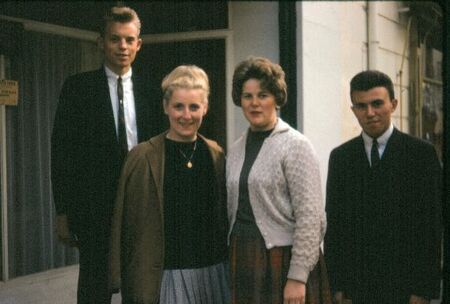 (l to r) Elder Chris Evenson, Sister Maria Loyens, Sister Fuhriman, and Elder Michael Gates.  1963
Christopher W Evenson
09 Feb 2005