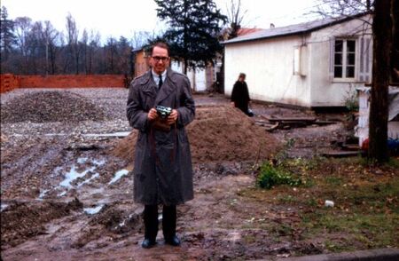 Thomas Murphy, Military friend and active member of the church stationed in La Rochelle visits the Talence Chapel Site.  To the right is the temporary 