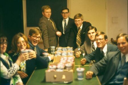 The great Nurnberg Johgurt fest of January 1973 was won by Elder Dan Taylor downing 8 500 ml bechers of Johgurt.  Left to Right Sisters Cates, DeReus, Elders Hatch, Brinkerhoff, Summerfeldt, Anderson, Taylor, Adling, Hamm - Elder Luker behind the camera.
Lynn M.  Luker
09 Apr 2006