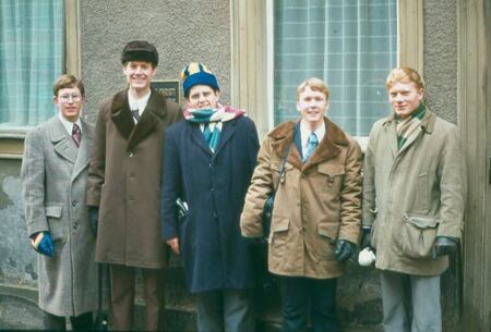 Photo of Heilbronn District in January 1974, taken in front of the Schwaebish Hall Geminde after a district meeting.  From left to right:  Elders Beutler, Angell, Smith, Nunn, Brinkerhoff.   Photographer - Elder Luker
Lynn M.  Luker
08 May 2006