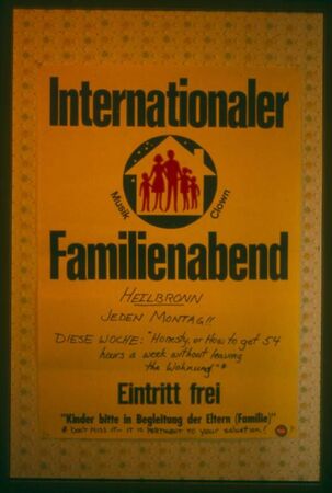 Photo of a remnant Poster from the 1972-74 Familienabend Band that toured the mission.  Local missionaries would advertise with the posters and personal contacting.  This poster was modified for decorative purposes at the Wilhelmstrasse 46 Wohnung in Heilbronn.  Photographer - Elder Luker
Lynn M.  Luker
08 May 2006