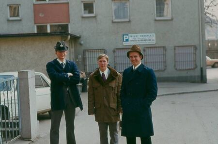 Photo of Elders Morgan, Nunn and Olson ready for work, standing behind the Wilhelmstrasse Wohnung in Heilbronn - Marz 1974.   Photographer - Elder Luker
Lynn M.  Luker
08 May 2006