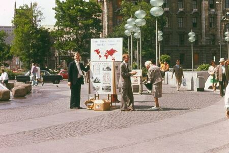 August 1974 Austellung at Karlstor in Muenchen.  Elder Haggerty (left) and Elder Daw speaking to Frau Doktor Specht who stopped to visit.  Frau Doktor Specht was baptised late in life, and opened many doors for the Church in the early 1970s.   Photo by Elder Luker
Lynn M.  Luker
09 May 2006