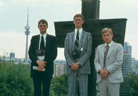 Photo of Elders Barclay, McClean and Kruger at Luitpold Park, with the Olympic Park in the background.  Photo taken Juli 1974 by Elder Luker
Lynn M.  Luker
10 May 2006