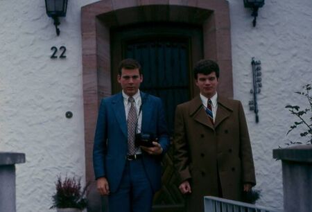 Elders Scott Anderson and Randy Ricks standing in front of the Moegeldorf, Nuerenberg Wohnung at Bothmerstrasse 22.  Photo taken Nov 1972 by Elder Luker.
Lynn M.  Luker
10 May 2006