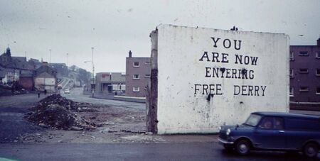 This was taken in Londonderry in 1976 while visiting there for a zone conference.  As I recall this roughly marks the boundary of the Bogside area.
Russ  Parker
07 Dec 2002