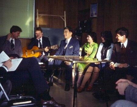 Fun moments at Tsu missionary conference, Tsu, Japan, ca Spring 1977, with (L to R) ?, Winget (?), ?, President Kenji and Sister Tanaka, ?, ?.
R. Lee  Richan
16 Dec 2005