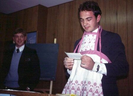 (L to R) Elder ? from Alaska champions apron-bedecked Elder J. Michael Dorny at Tsu taikai, Mie ken, Japan ca early 1977.
R. Lee  Richan
16 Dec 2005