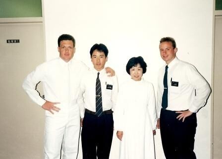 Sister Nishiguchi was scheduled to be baptised then was told she had cancer.  After fasting and prayer, and a blessing at the hands of Elder Kapu, she was told the cancer was gone and the baptism went on as scheduled.  Elder Kapu, Brother Nishiguchi, Sister Nishiguchi, & Elder Ray.  Hirakata Ward Spring 1989.
Clarence Michael Ray
06 Oct 2007