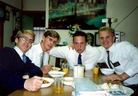 Elders Litster, Christiansen, Ray & Thackeray enjoy a bowl of curry at our Mom's home in Higashi Osaka just prior to Thackray's return to the State.  We truly believed that staying in our area was more a guideline than an actual rule... (January 1990)
Clarence Michael Ray
07 Oct 2007