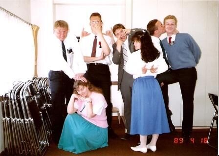 The Korien District, lead by Elder Kapu, had a tradition of taking a serious photo after each district meeting, then a goofy one.  Here the Green Bean Harris is getting a smack on the cheek from me.  It concerns me that I was kissing him, but it concerns me more that he seems to be enjoying it... ;^) Spring 1989.
Clarence Michael Ray
08 Oct 2007