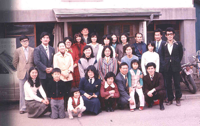 March 1975 Hachinohe Branch photo taken just after Sunday church meetings in front of the church / elders quarters at Kamikazushi-chou 15, just a few weeks before we moved to the new rented building at Numadate 1-2-20.<br>
Front row from left:  Terasawa s, Kubota c., Endo c., ?, ?, Kubota b., Endo c., Endo b.<br>
2nd row-standing: ?, Sakamoto b., Harashima s., Kubota s., Harashima s., ? Endo s., ?<br>
Back row: ?, Harashima Aiichiro b., Ohno (Wakamatsu) s., ?, ?, ?, ?, Yoha b., ?
Todd Ogaard-Webmaster
29 Nov 2008