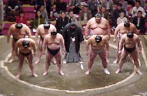 Japanese Sumo wrestlers bow to judges