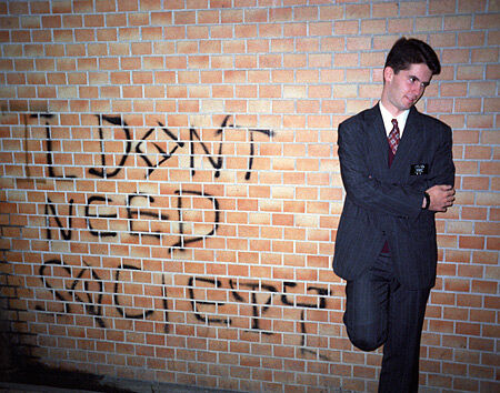 We ran across this funny graffitti in an underground road crossing in Abiko, and I couldn't resist getting a picture of it with a James Dean pose.
Michael G. Allred
25 Oct 2004