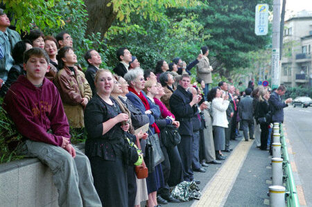 A crowd of onlookers stands by as a statue of Moroni is lifted and placed on the spire of the Japan Tokyo Temple.  Photo courtesy of Toshihito Kido December 10th, 2004.
LDS Mission Network
17 Dec 2004