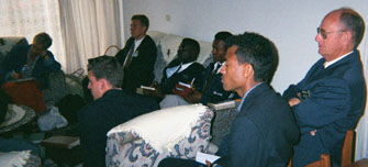 Missionaries at zone confernce in home of Elder and Sister Rex Walker, Emmett, ID, in Addis Ababa, Ethiopia. Elder Walker on right.
Jeremy Michael Bowen
30 Nov 2001