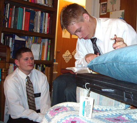 Elder Kruger and Elder Griggs teach a family in Bozeman.
Steve Johnson
20 Jan 2004