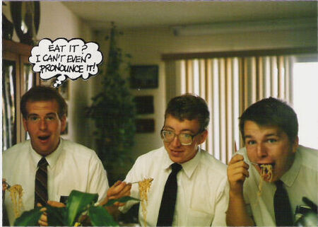 Left to right: Elders Putt, Fillenworth, and Broadbent.  Apartment near Rainbow Blvd. by the stake center.  Approx. Sept - Oct 1986.
Richard John Lamoureux
31 May 2004