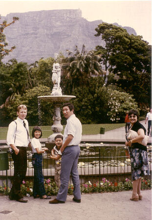 Oct 1981
Elders Wray and Barkdull with Chang and Freda Hum Coue family in Cape Town.  In 1998 I learned that the Hum Coue's were divorced but Sis Hum Coue was still an active member and still attending the Mowbray Ward.
David  Barkdull
05 Sep 2001