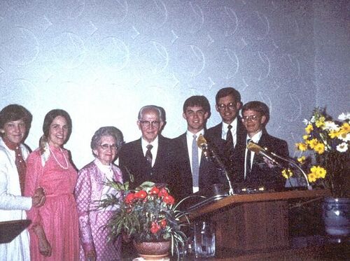 Pres. Ezra Taft Benson visited Geneva to create the new Geneva Stake in June of 1982.  This picture was at the conclusion of Zone Conference. L-R, Pargie Bennion, Sis Bennion, Sis Benson, Pres Benson, Elder Glasgow, Pres Bennion, Elder Mohrman.
Lane B. Glasgow
25 Aug 2005