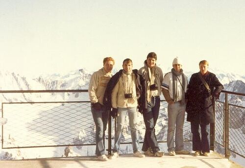 Atop the Aguille du Midi, Mont Blanc, December 31, 1982.  A few members of the Geneva District - the Sisters whimped out.  L-R, Cavalier, Charles, Samuelson, Mousseau, Morgan. Brrrr!
Lane B. Glasgow
25 Aug 2005