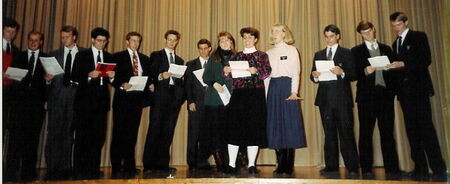 Can't remember all the names of everyone in this picture, but we were singing a special mission parody of some Christmas song as a zone (whatever zone St. Gallen happened to be in at the time). I'm singing there with Sister Becky Hebdon and Mindy Englund, who was on a mini-mission with us. I know Elder Brian Harris is standing next to Sister Hebdon (right), and I think Elder Emang and Elder Peck continue to the right.
Andrea  Meyer
28 Mar 2006