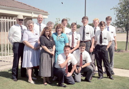 After a Zone Meeting in Sherman Texas - Spring 1989.  Includes Elder/Sister Hyer, Elder/Sister Foreman, Elders Davis Gardner, Queen, Myers, Heaton, Ford, Heyward, Sister Marsden, and ... I'll remember the others names later:-)
Robert  Heyward
19 Jun 2008