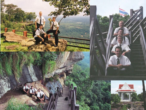 Double click on photo for larger view.
From Surin by early morning train to Sisaket , there a van waiting for Elder Nelson and his companion Elder McEwen,  Elder Smith and his companion Elder Pugh, drove them on P-Day to the Camaen Border know as Khao Prawihan.  There is an ancient temple on the mountainside that belongs to Camaen. The view from the mountains that are on the Thailand side made good photos, (Never leaving Thailand as per Mission rules), plus the different Buddhists Pavilions.  This journey included views from the Thai Mountain side looking down into the valley wilderness of Camaen, nothing but green trees.  You can had a great day when the weather is nice and cool, a great break from the busy cities of Thailand
Philip Tuinuku Smith
26 Nov 2003