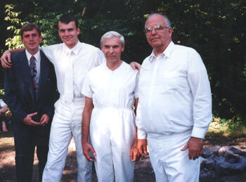 Baptism in 1993 of Boris Golembovski in Kiev on the banks of the mighty Dnepr river that splits the city in half. Elders Igor Rudich, Rex Griffiths, Boris Golembovski, and President Howard Biddulph first mission president of Kiev, Ukraine mission.
Rex  Griffiths
11 Apr 2005