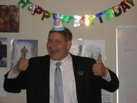 Elder Kravetz on his 20th birthday.  The family sent him a do it yourself birthday party kit and so he did it himself.
Seth David Kravetz
17 Nov 2007