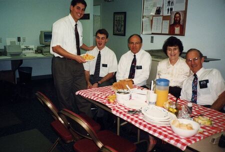 Elder Freeman's birthday... with me, Elder Kohler, and Sister/Elder Jones.
That printer was SLOW!  I was so happy when they got the new one.
David  Pabst
26 Aug 2003